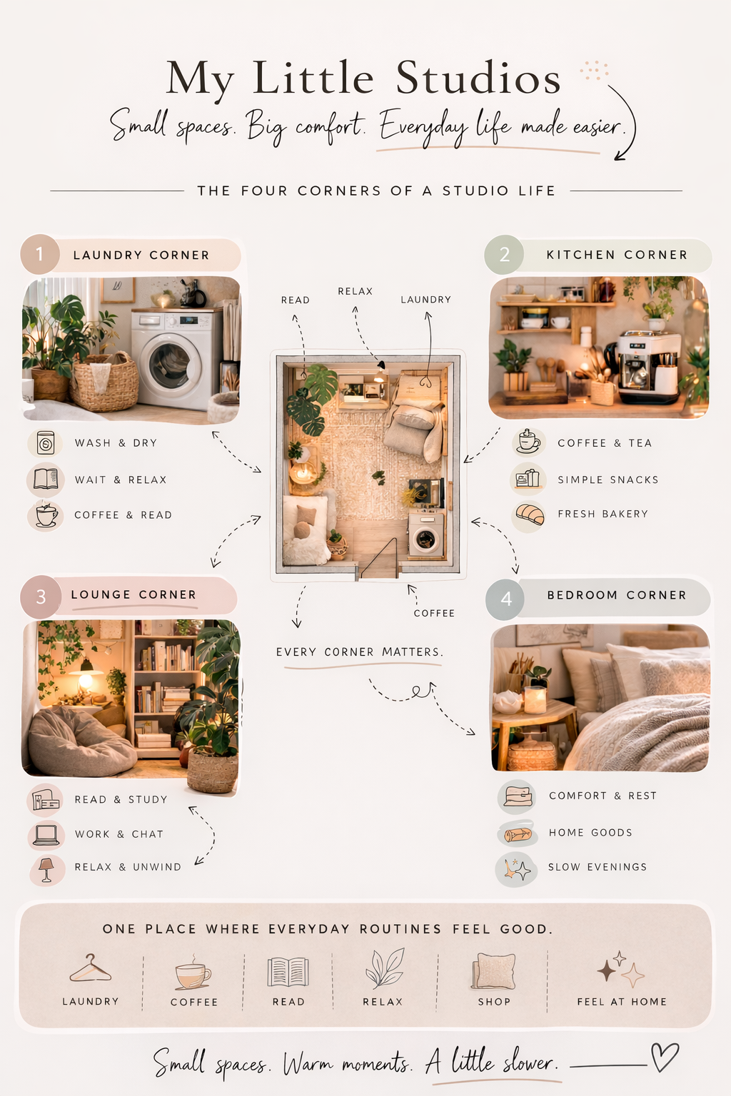 The four corners of My Little Studios — Laundry, Kitchen, Lounge and Bedroom